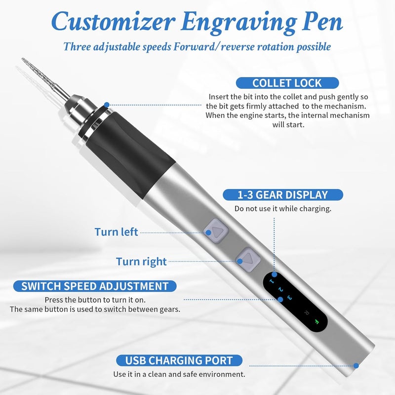 Kaibced Engraving Pen, Ultimate Cordless Engraving Pen for Artists & DIYers - Engrave 60+ Surfaces - Beginner Friendly- 30 Bits & Mastery Guide (Silver) - Image 4